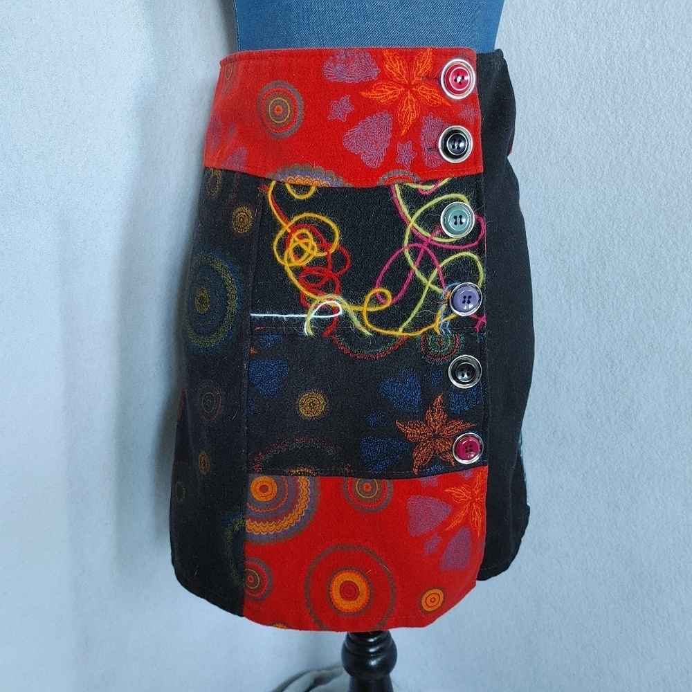 Black and Red Wool Blend Patch Skirt